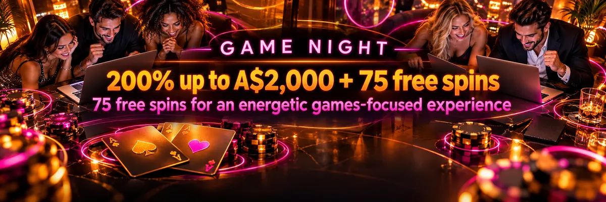 Overhead casino game scene with diverse people, playing cards, stacked chips, laptops and luminous circular orbit lines