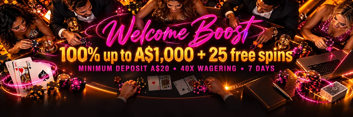 Diverse friends gathered around a glowing casino table with cards, stacked chips, a laptop and orange orbit lines